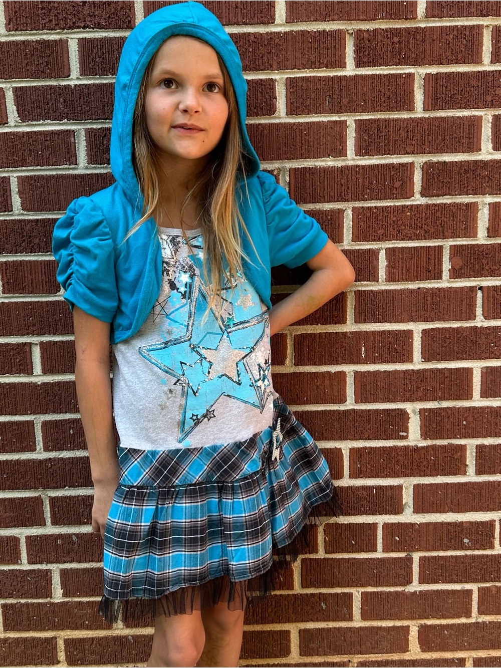 Tempted Girls Emo Plaid Set Hoodie Bolero Skirt Star Tee Y2K XL Kids